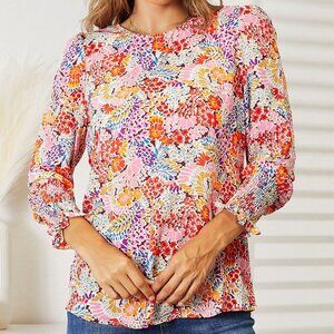 Double Take Floral Print Long Puff Sleeve Blouse